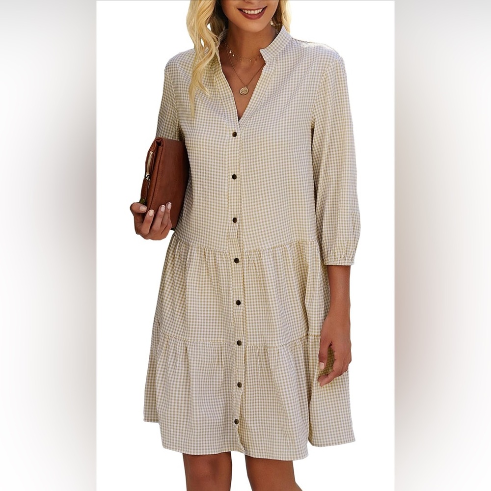 V-Neck Button Down 3/4 Sleeve Checker Print Flowy Shirt Dress Medium
